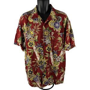 Vtg Mens Tommy Hilfiger Short Sleeve Hawaiian Camp Shirt Sz L Floral Rayon Red